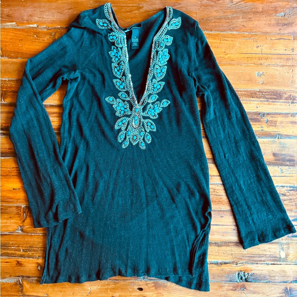 I.N.C. Black Long Sleeved Swim Coverup with Turquoise Beading/Stones